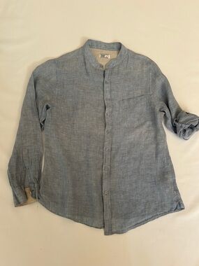 Men's Light Blue Linen Band-Collar Button-Down Shirt w/ roll up clip option